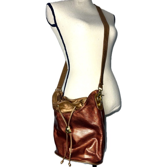 Leather Bucket Bag/Purse, Brown & Gold, Genuine Leather, Vintage - Picture 2 of 15